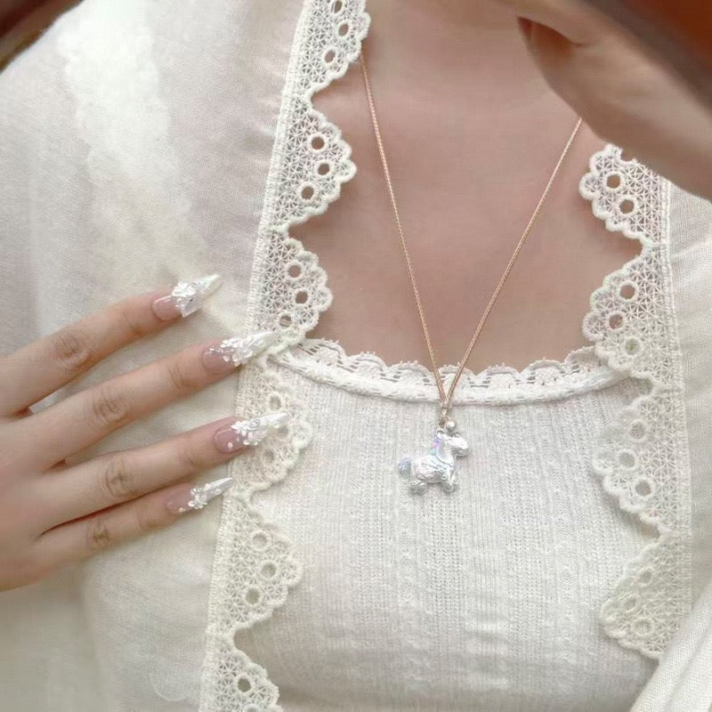 S999 Fine Silver Palace-Style Enamel Pendant Necklace – Handmade Horse Charm