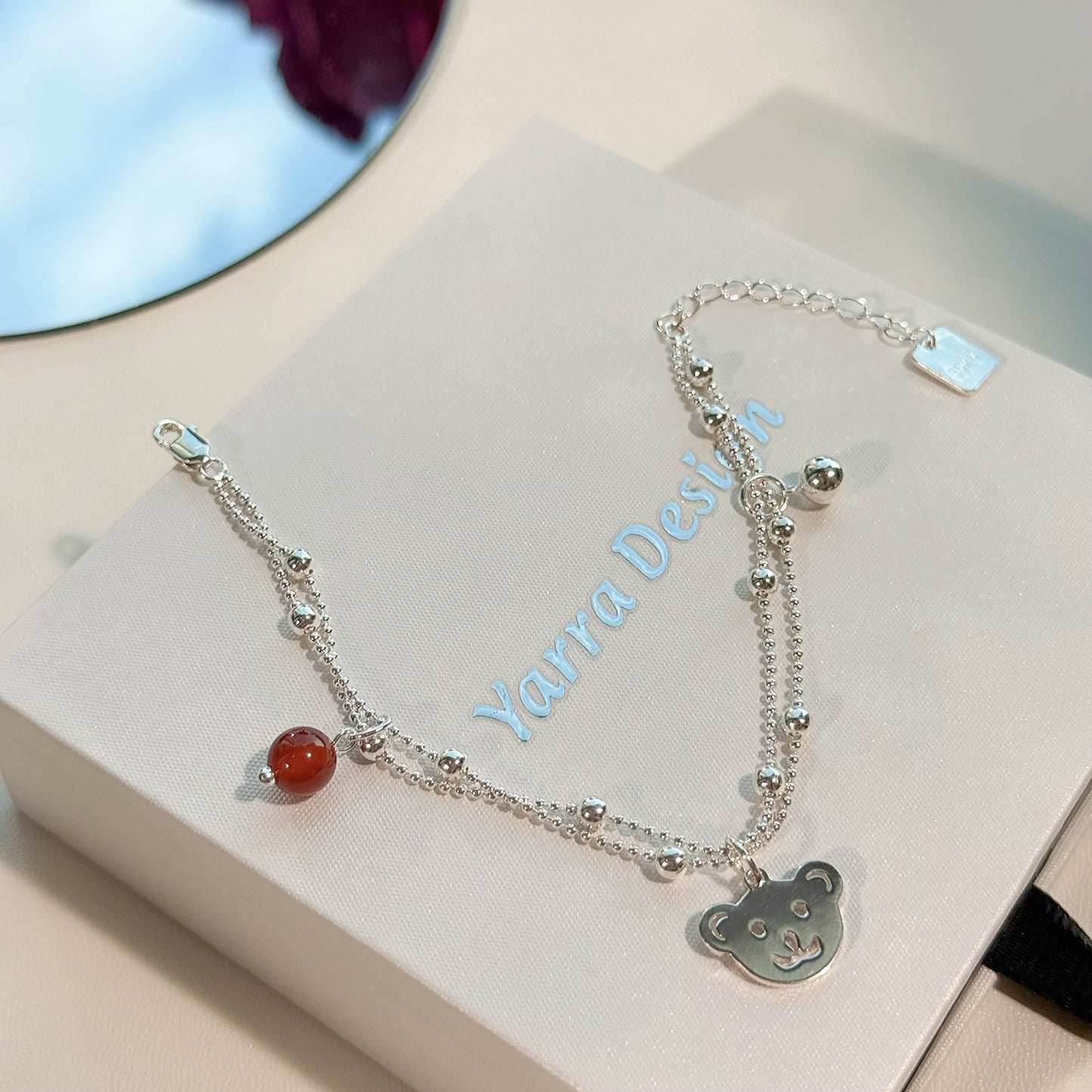 Red Agate Bear Charm Bracelet