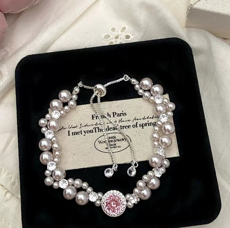 Luxury Pearl Bracelet with Pink Zircon & Crystal Accents