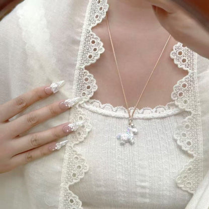 S999 Fine Silver Palace-Style Enamel Pendant Necklace – Handmade Horse Charm