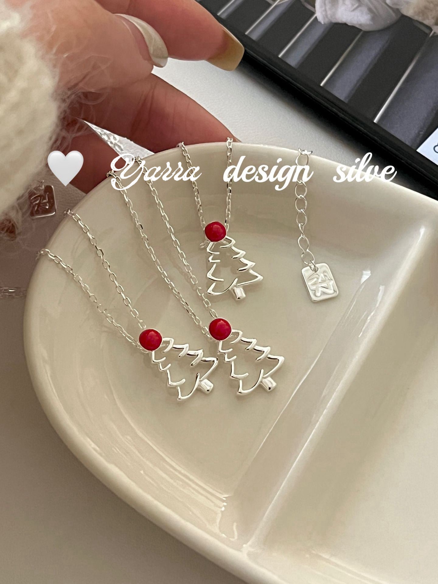 S925 Sterling Silver Red Enamel Hollow Christmas Tree Necklace