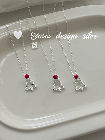 S925 Sterling Silver Red Enamel Hollow Christmas Tree Necklace
