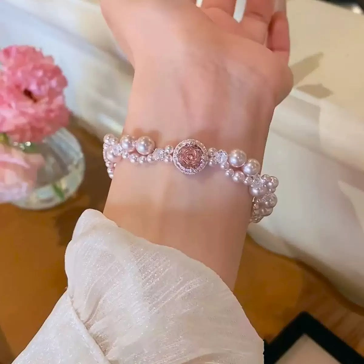 Luxury Pearl Bracelet with Pink Zircon & Crystal Accents
