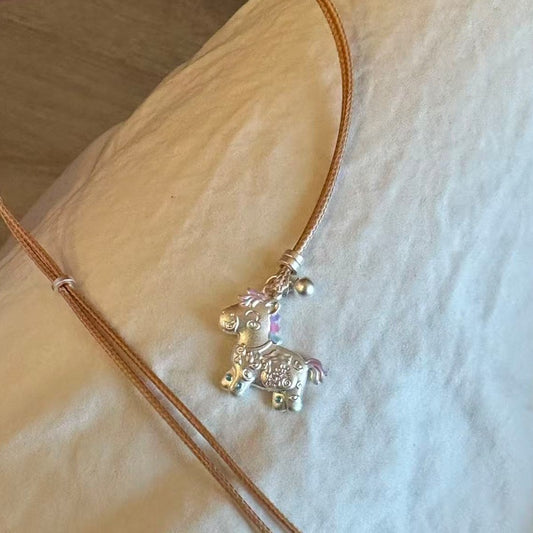 S999 Fine Silver Palace-Style Enamel Pendant Necklace – Handmade Horse Charm