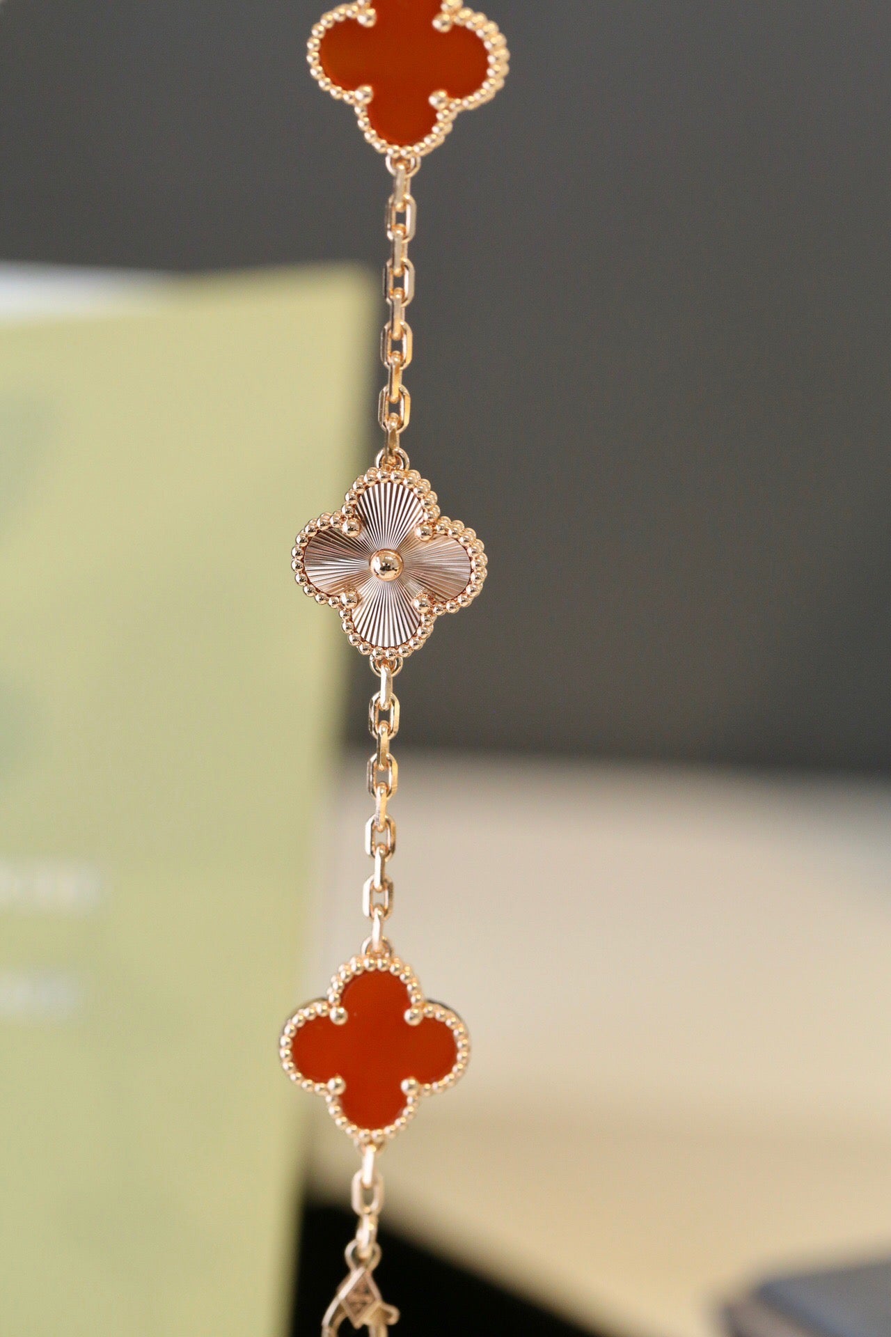 Vintage Alhambra Inspired 5-Motif Bracelet – Red Carnelian & Laser Gold Finish