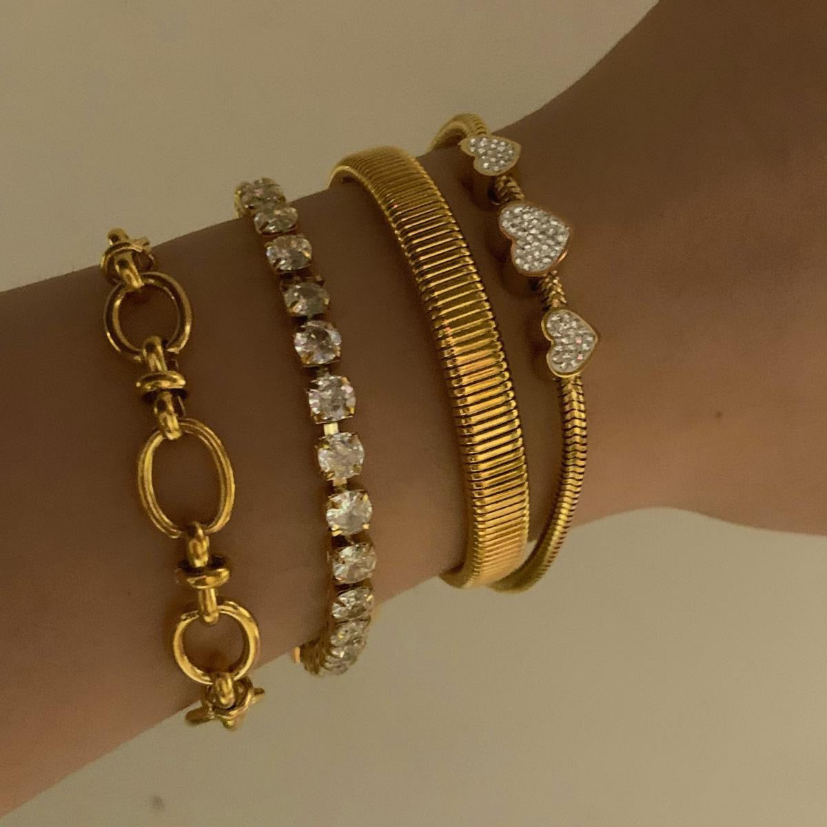 Stacked Combination Diamond-Set Heart Stainless Steel Bracelet