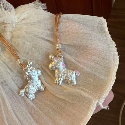 S999 Fine Silver Palace-Style Enamel Pendant Necklace – Handmade Horse Charm