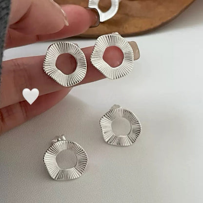 S925 Sterling Silver Hollow Circle & Vertical Stripe Stud Earrings