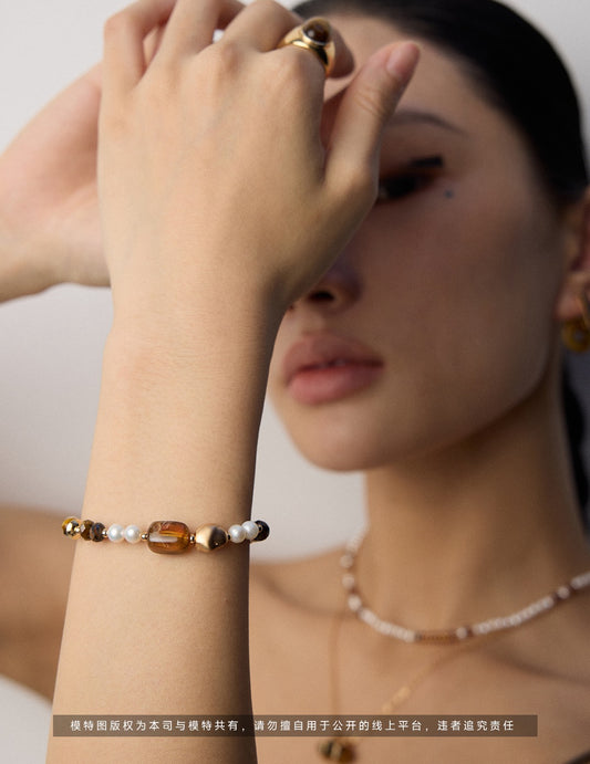 【Premium Quality】Bracelet with Freshwater Pearls, Tiger’s Eye & Black Onyx