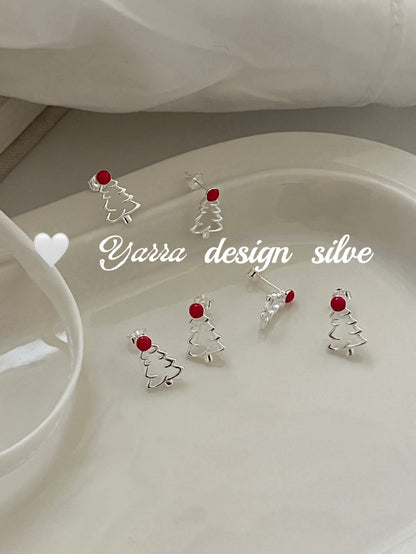 S925 Sterling Silver Red Enamel Hollow Christmas Tree Earrings
