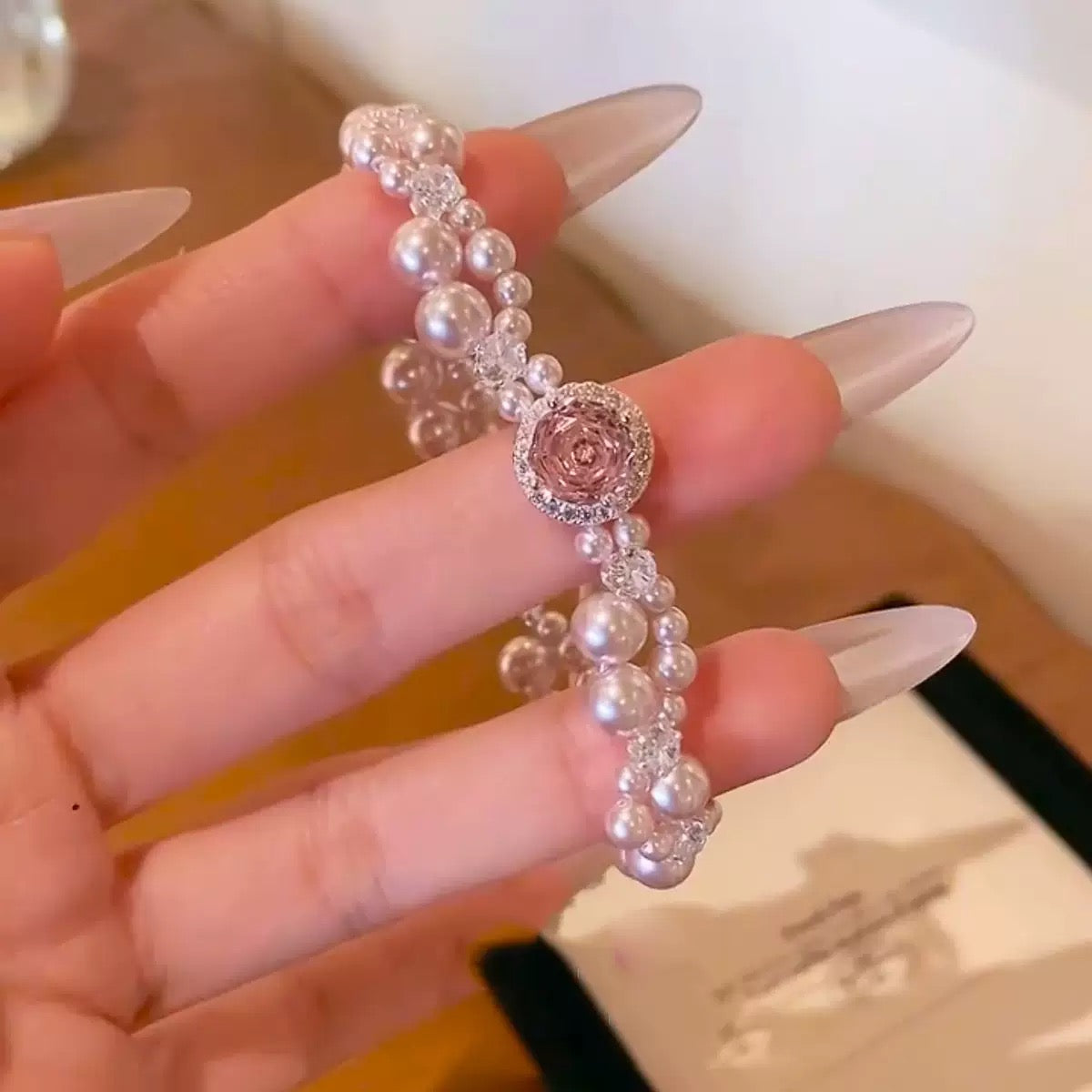 Luxury Pearl Bracelet with Pink Zircon & Crystal Accents