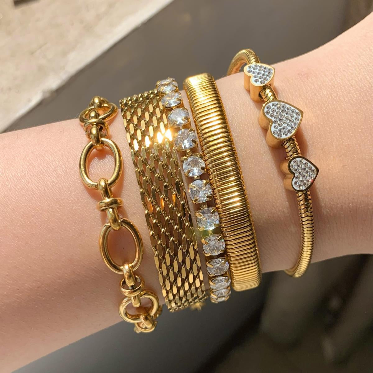 Stacked Combination Diamond-Set Heart Stainless Steel Bracelet