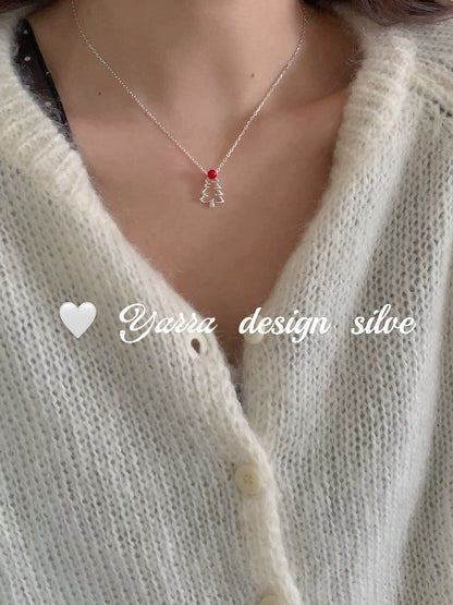 S925 Sterling Silver Red Enamel Hollow Christmas Tree Necklace