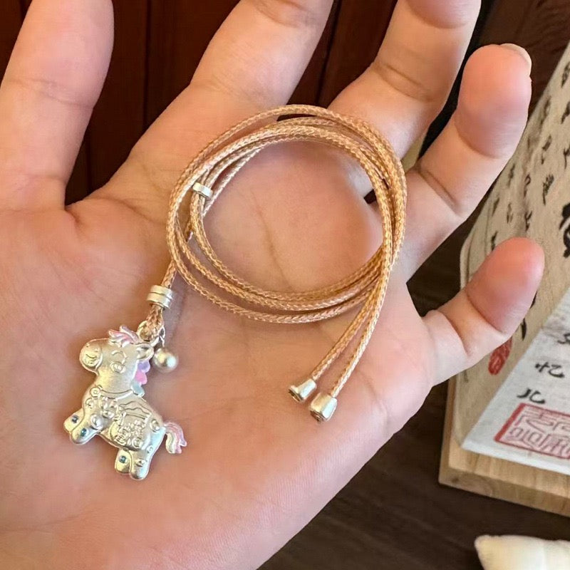 S999 Fine Silver Palace-Style Enamel Pendant Necklace – Handmade Horse Charm