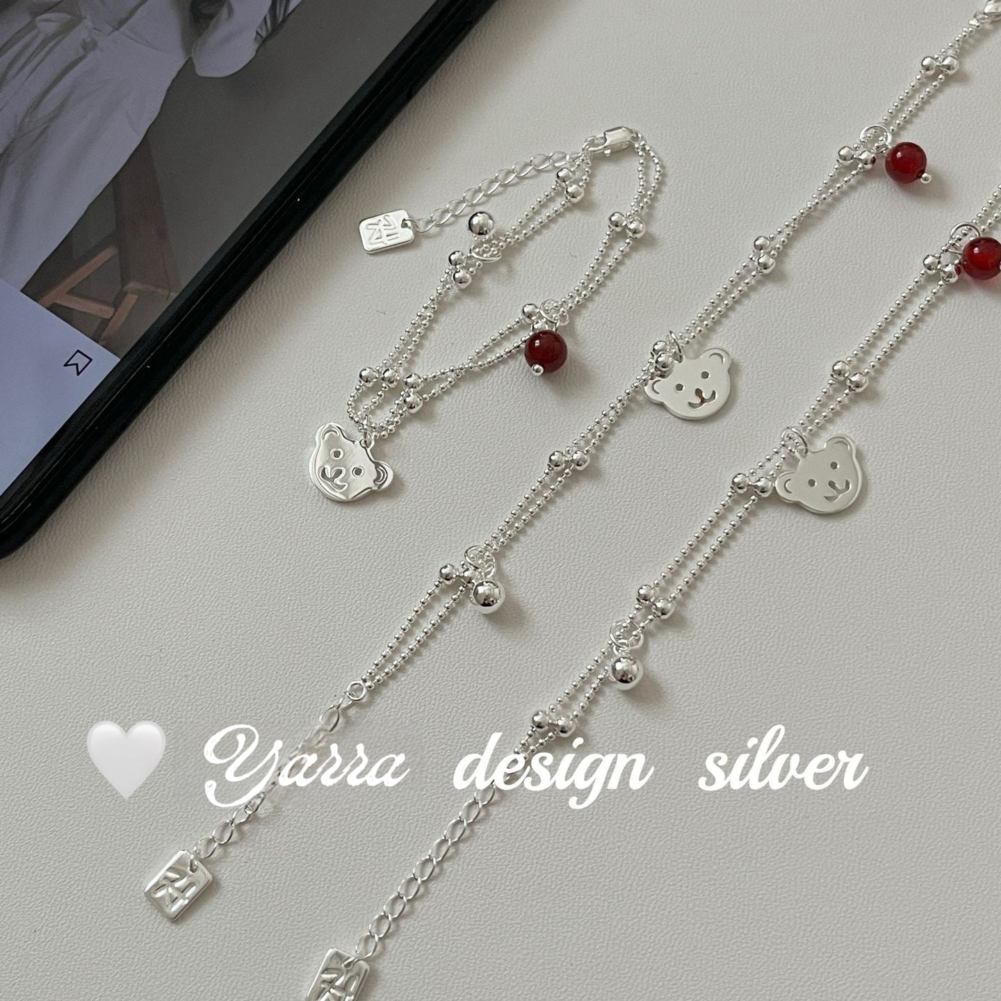 Red Agate Bear Charm Bracelet