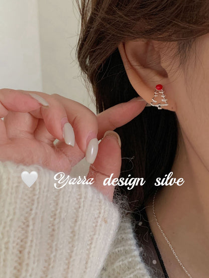 S925 Sterling Silver Red Enamel Hollow Christmas Tree Earrings