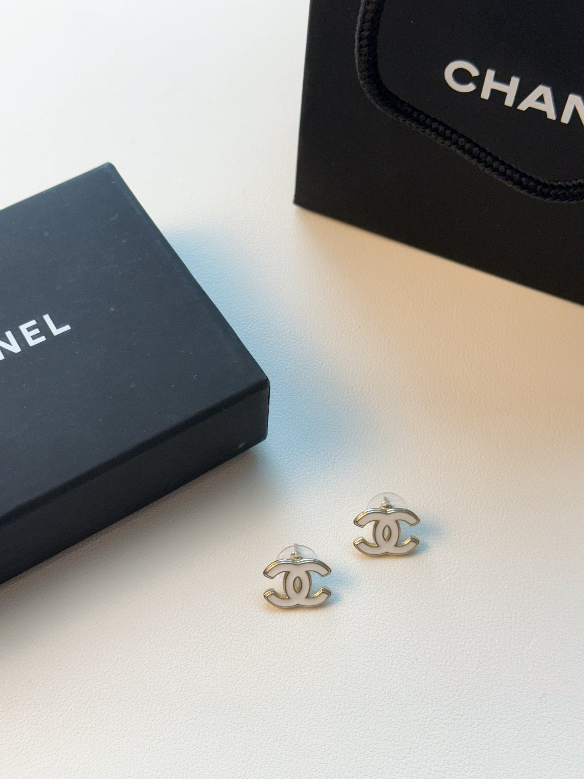 White Enamel Double-C Logo Stud Earrings