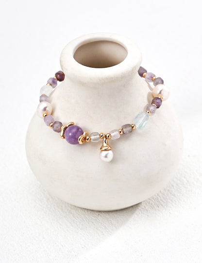 【Premium Quality】S925 Silver Bracelet with Natural Pearl, Amethyst & Aquamarine