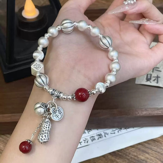 999 Fine Silver Lucky Wealth Beaded Bracelet Red Stone & Peanut Charm