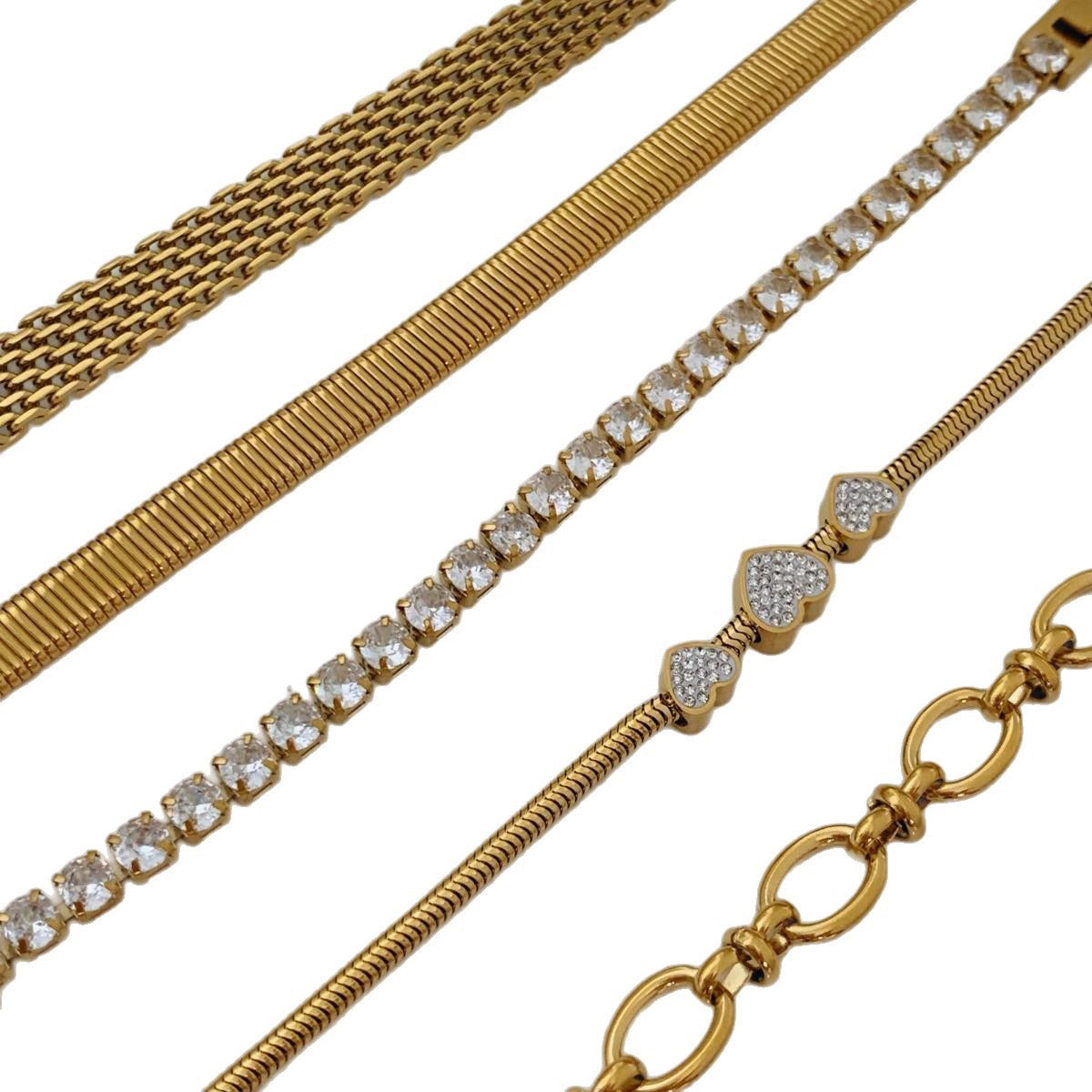 Stacked Combination Diamond-Set Heart Stainless Steel Bracelet