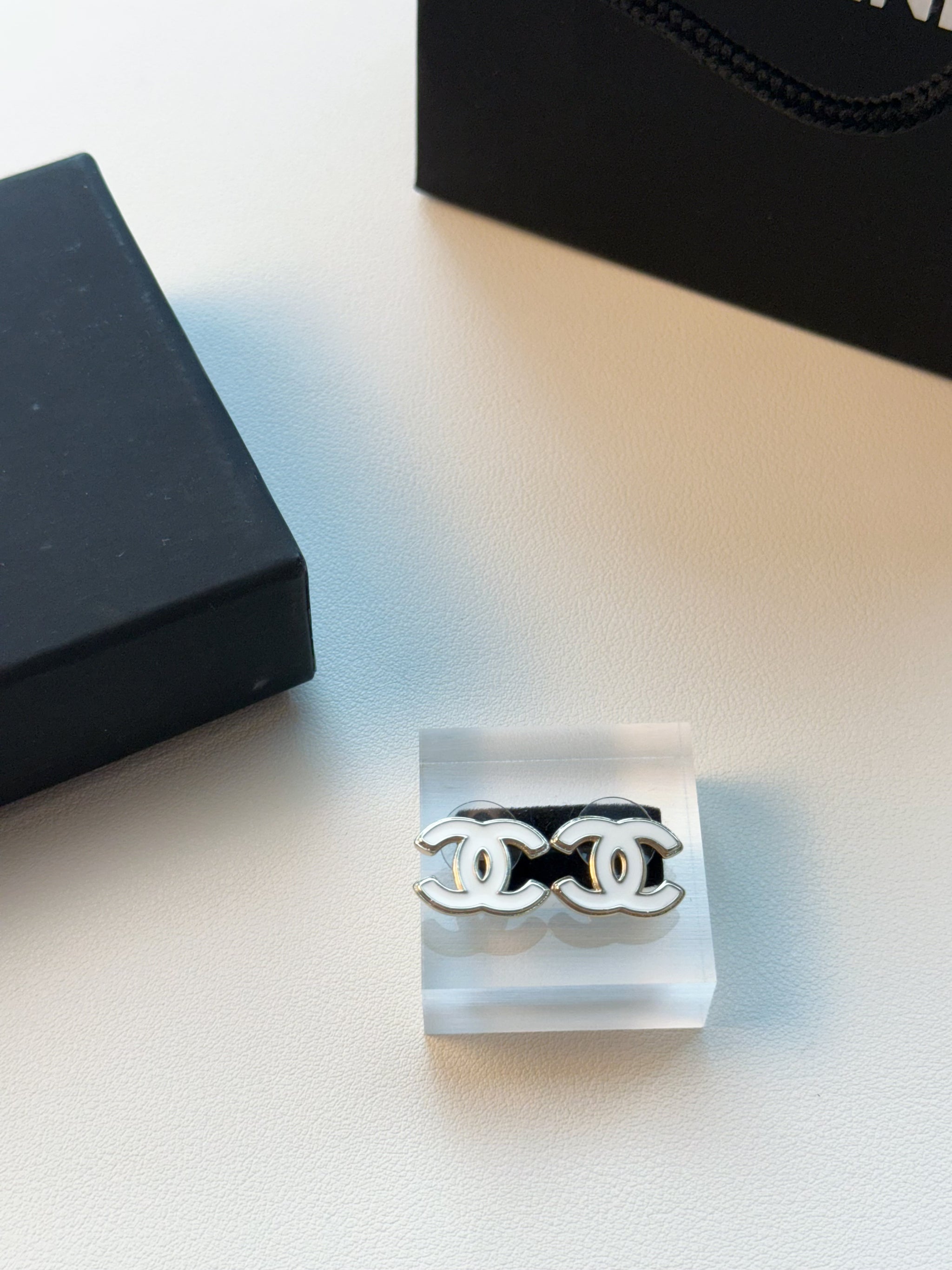 White Enamel Double-C Logo Stud Earrings