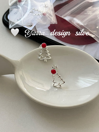 S925 Sterling Silver Red Enamel Hollow Christmas Tree Earrings
