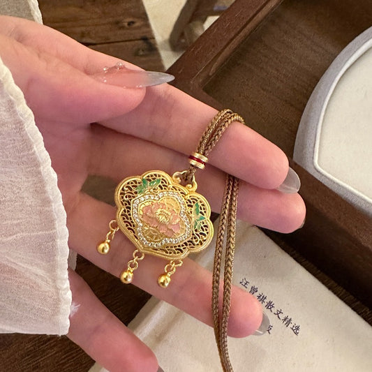 S999 Fine Silver Enamel Ruyi Lock Pendant Necklace | Palace Style