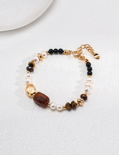 【Premium Quality】Bracelet with Freshwater Pearls, Tiger’s Eye & Black Onyx