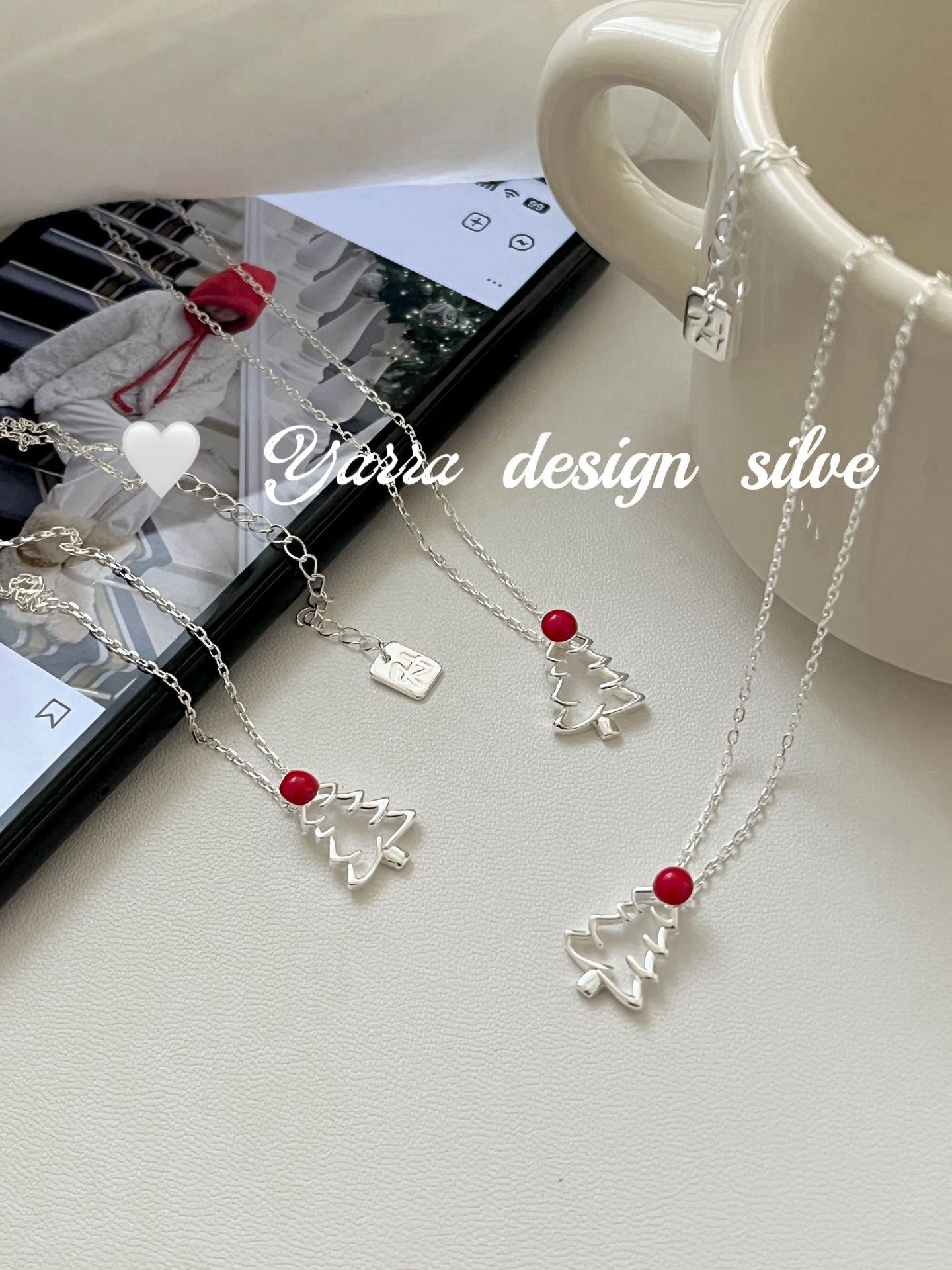 S925 Sterling Silver Red Enamel Hollow Christmas Tree Necklace