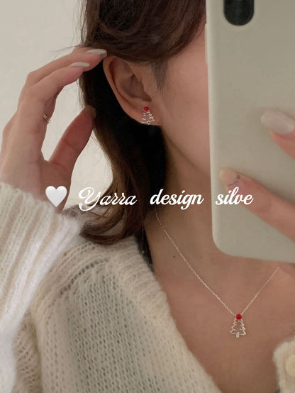 S925 Sterling Silver Red Enamel Hollow Christmas Tree Earrings