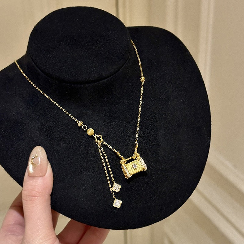 Gold Handbag Pendant Necklace with Diamond Accents