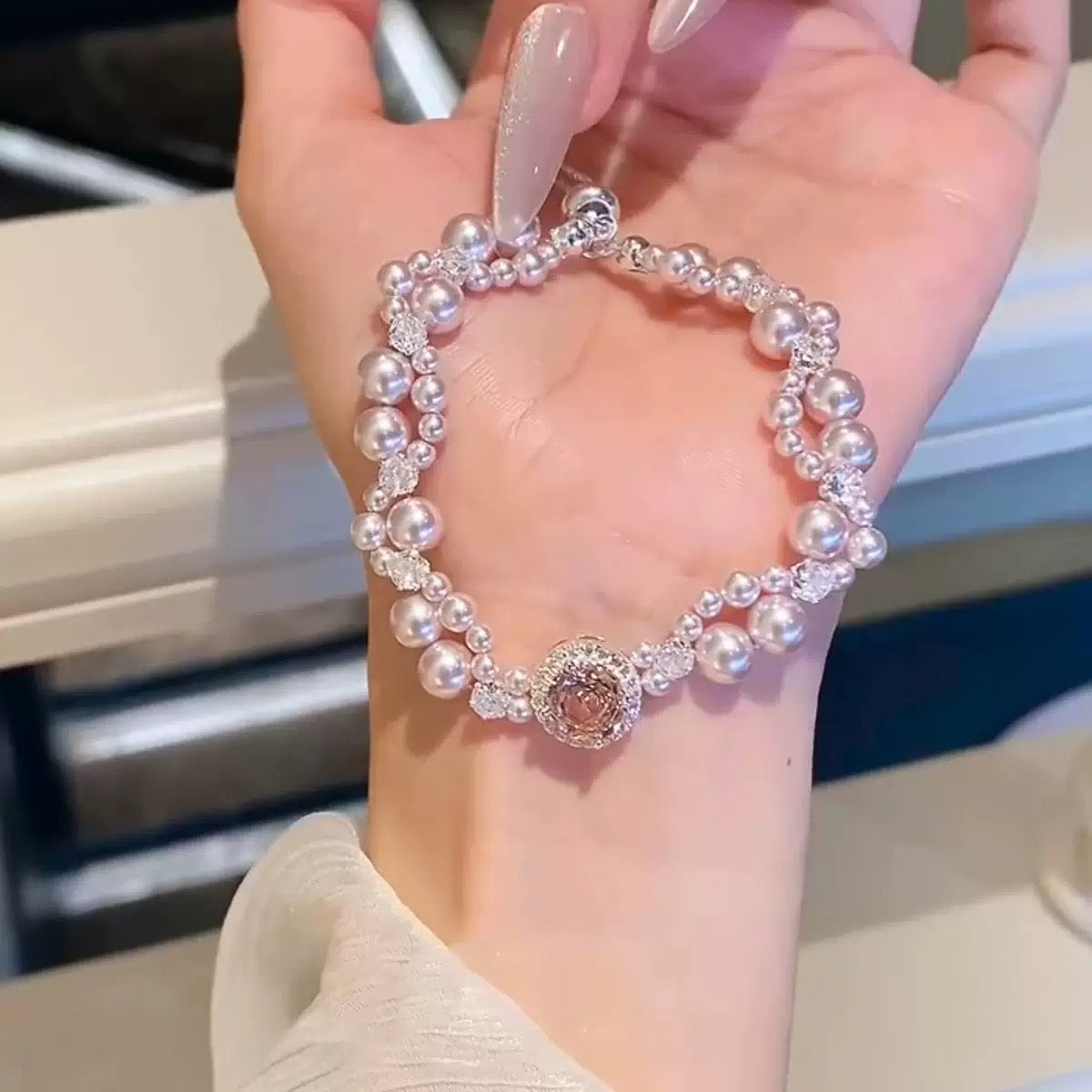 Luxury Pearl Bracelet with Pink Zircon & Crystal Accents