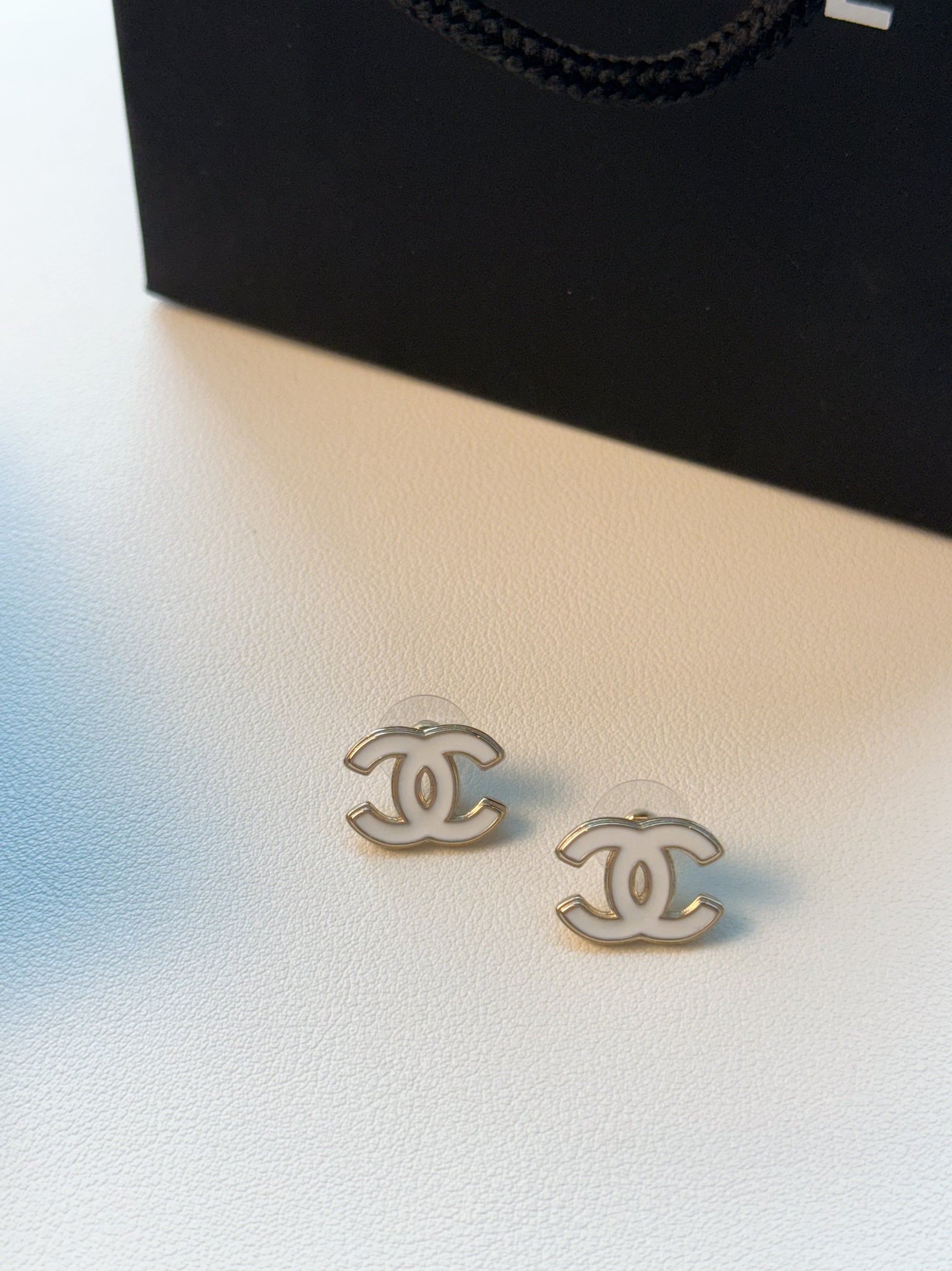 White Enamel Double-C Logo Stud Earrings
