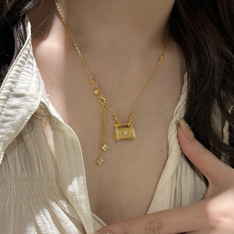 Gold Handbag Pendant Necklace with Diamond Accents