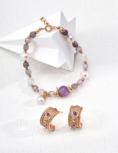 【Premium Quality】S925 Silver Bracelet with Natural Pearl, Amethyst & Aquamarine