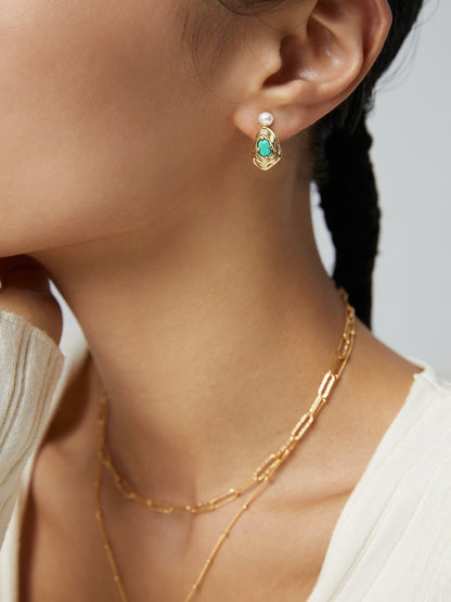 【Premium quality】Peacock Blue Dual-Tone Lava Pearl & Gem Earrings