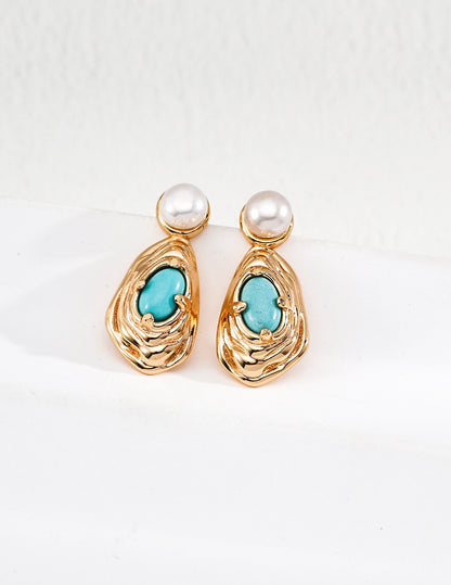 【Premium quality】Peacock Blue Dual-Tone Lava Pearl & Gem Earrings
